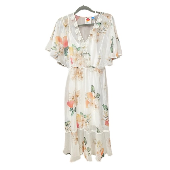 Farm Rio Anthropologie Eloisa Floral Midi Dress Chiffon Flutter Sleeve - Picture 4 of 10